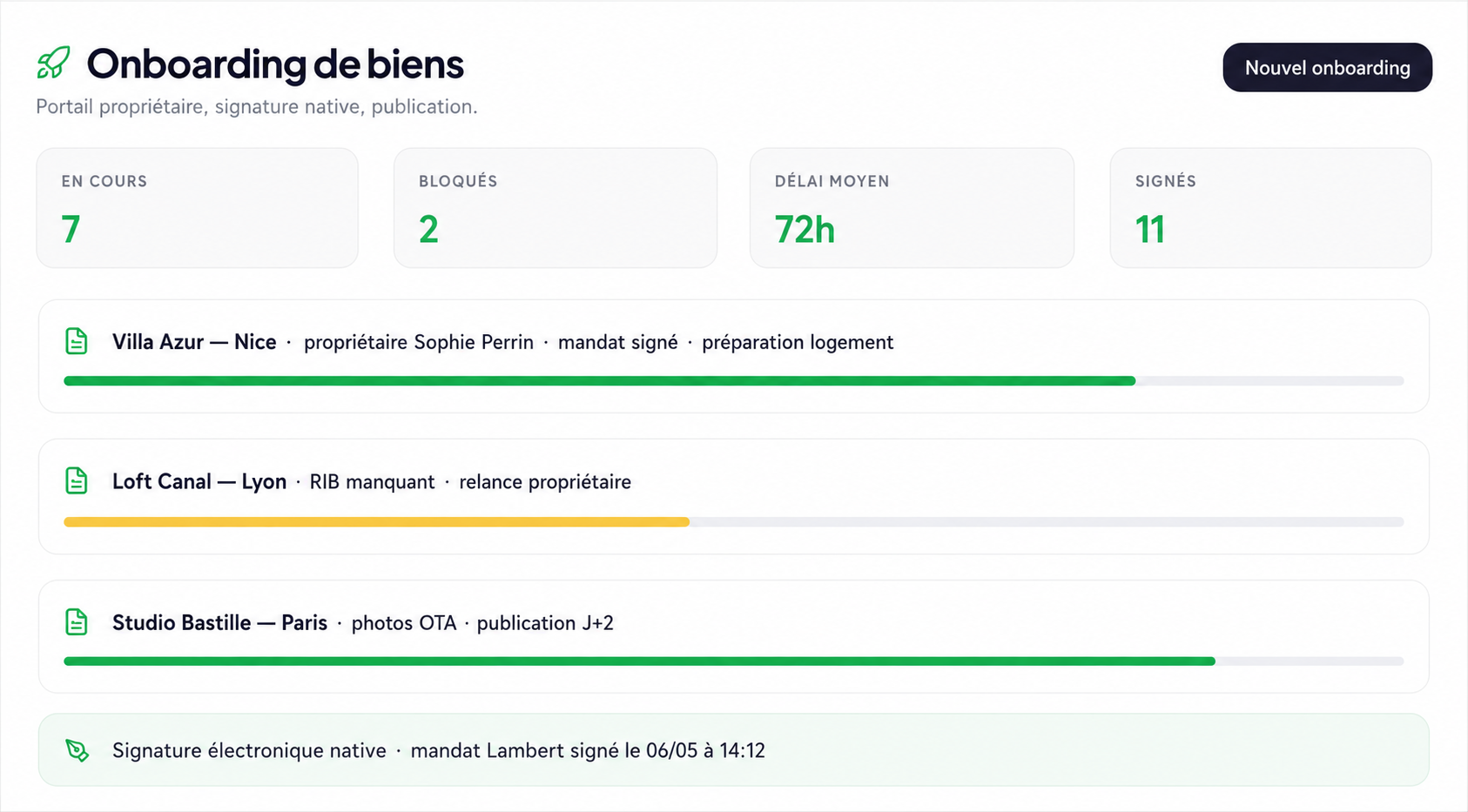 Onboarding des biens — espace propriétaire + Klok